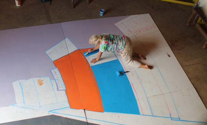 A crew of local artists and students build and paint sets for Guys and Dolls at WAM, February 2015. Photo: Laura Masterson