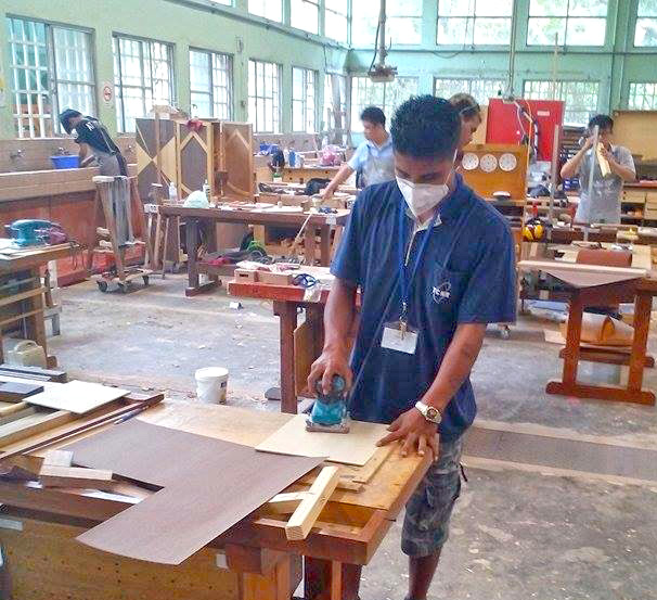Linton Baso in the carpentry workshop in Taiwan.