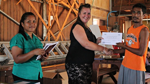 IOM Instructor Angela Sanders with trainee Jeremaiha Motlok. Photo: Tolina Tomeing