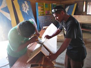 Carpentry skills being used by Abija Lometo & Rusty Riklon. Photo: Sealend Laiden